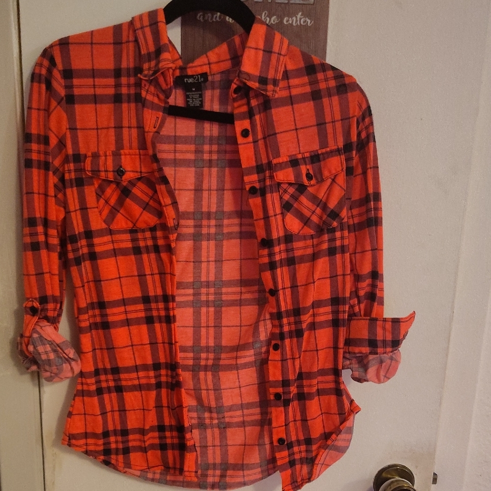 Rue21 Vibrant Orange and Black Plaid Shirt